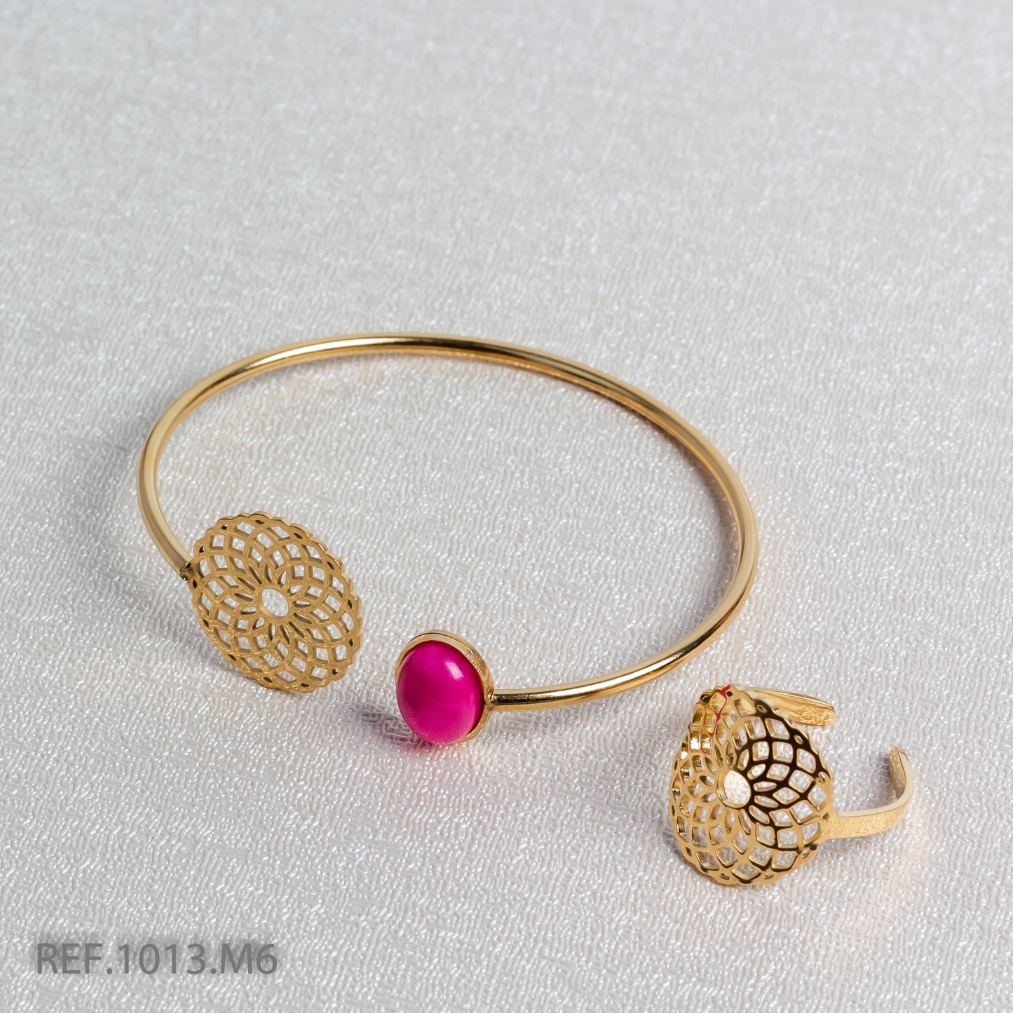 Bracelet En Acier Inoxydable Avec Sa Bague Motif Rond Vintage Perle Rouge