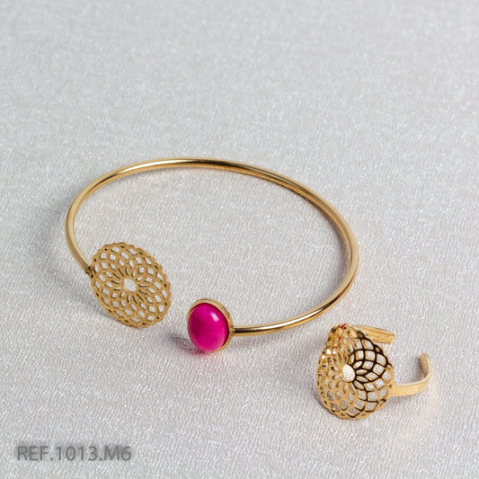 Bracelet En Acier Inoxydable Avec Sa Bague Motif Rond Vintage Perle Rouge