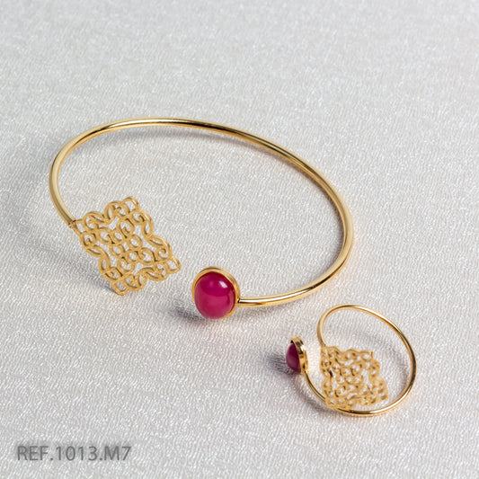 Bracelet En Acier Inoxydable Avec Sa Bague Vintage Perle Rouge