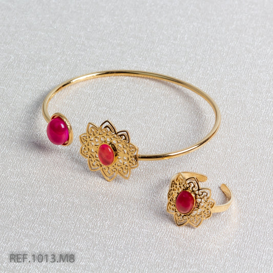 Bracelet En Acier Inoxydable Avec Sa Bague Motif Gravé Perle Rouge