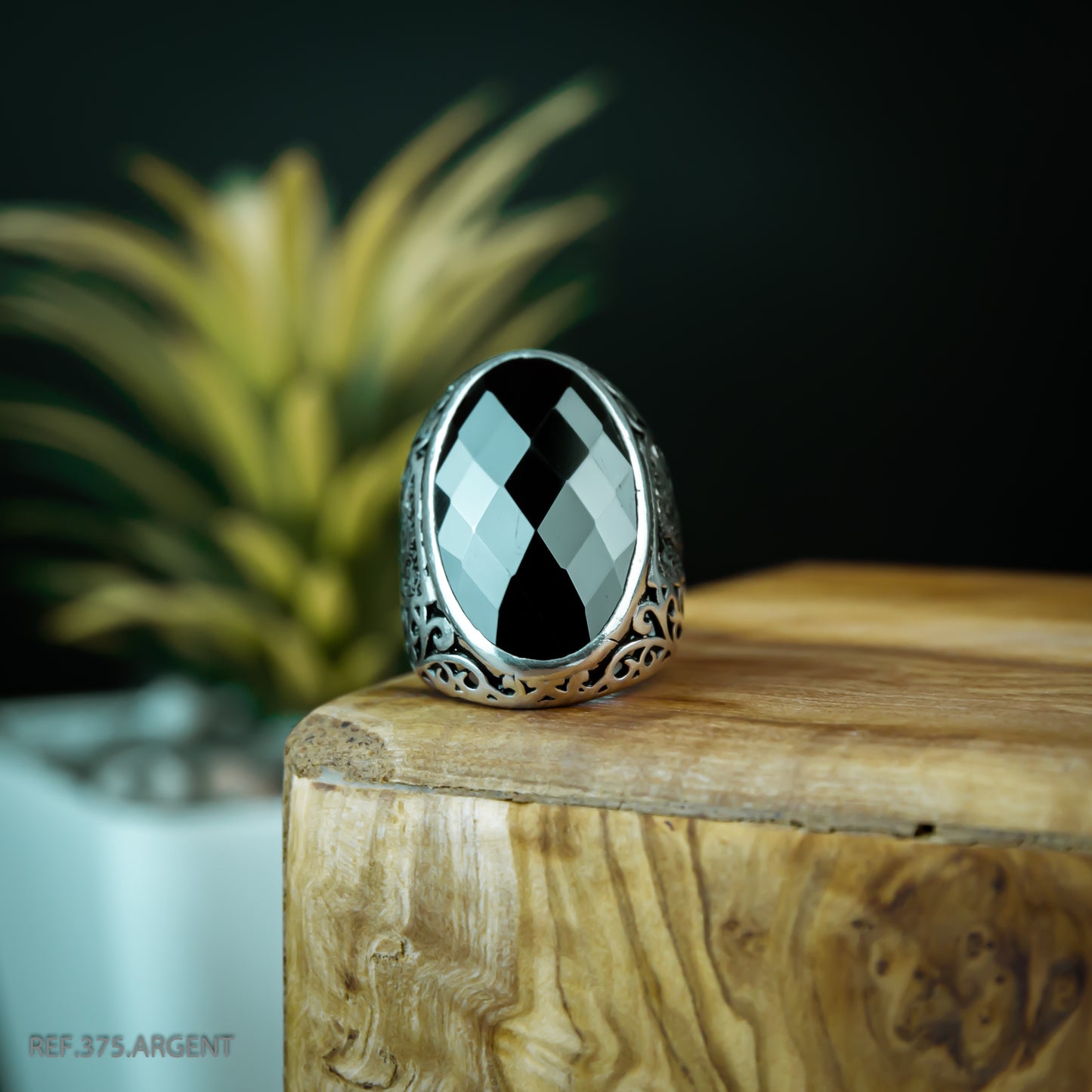 Bague Homme Argent 925  Motif Ovale Pierre Noire