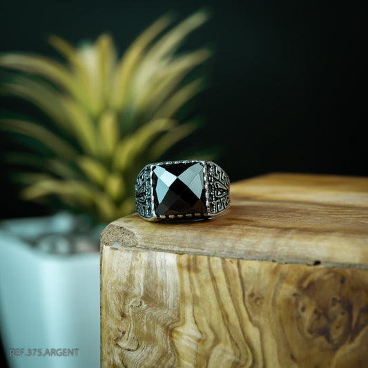 Bague Homme Argent 925 Motif Gravé Pierre Noire