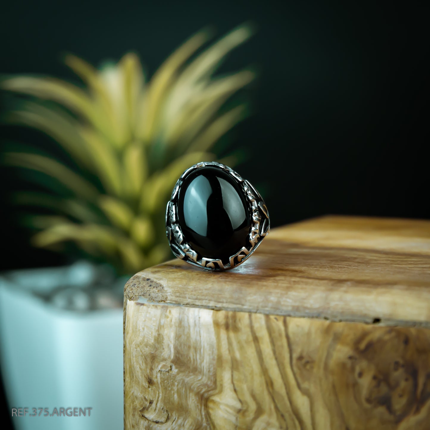 Bague Homme Argent 925 Motif Fleur Gravé Pierre Noire