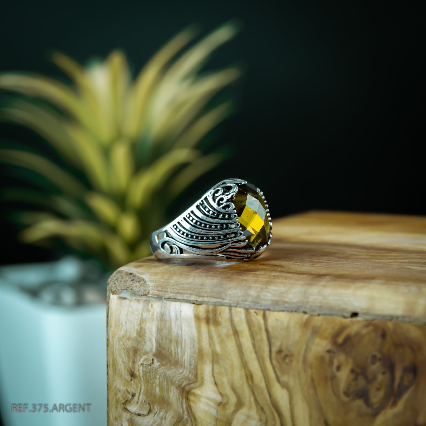 Bague Homme Argent 925 Motif Gravé Pierre Jaune