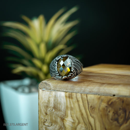 Bague Homme Argent 925 Motif Gravé Pierre Jaune