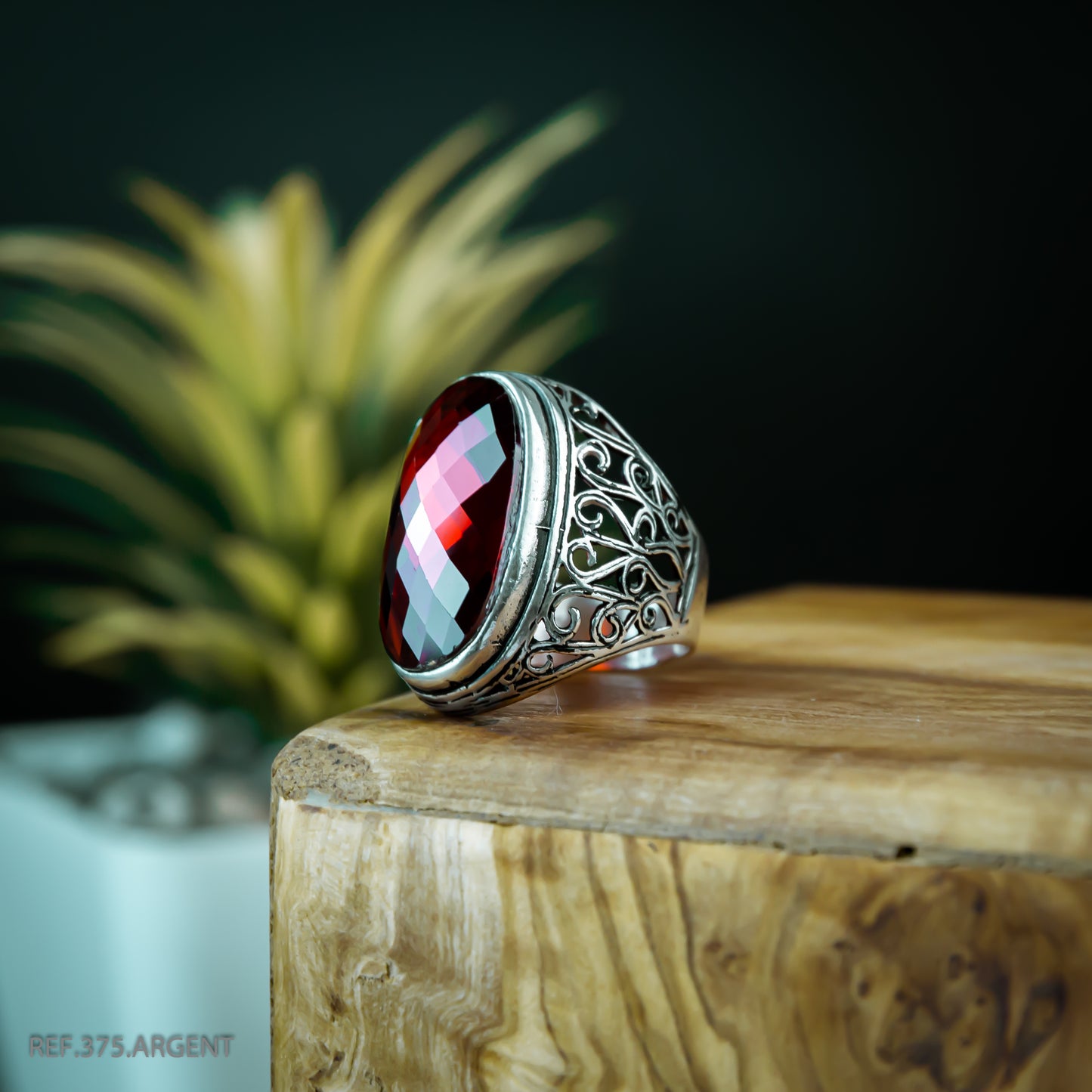 Bague Homme Argent 925 Gravée Pierre Rouge