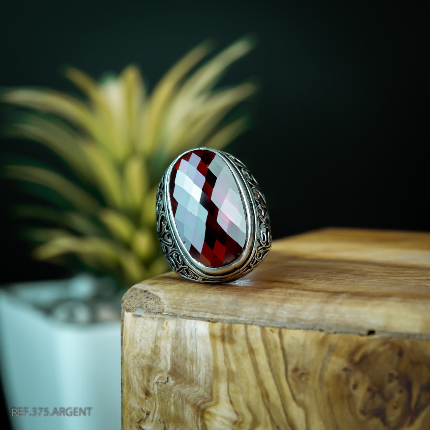 Bague Homme Argent 925 Gravée Pierre Rouge