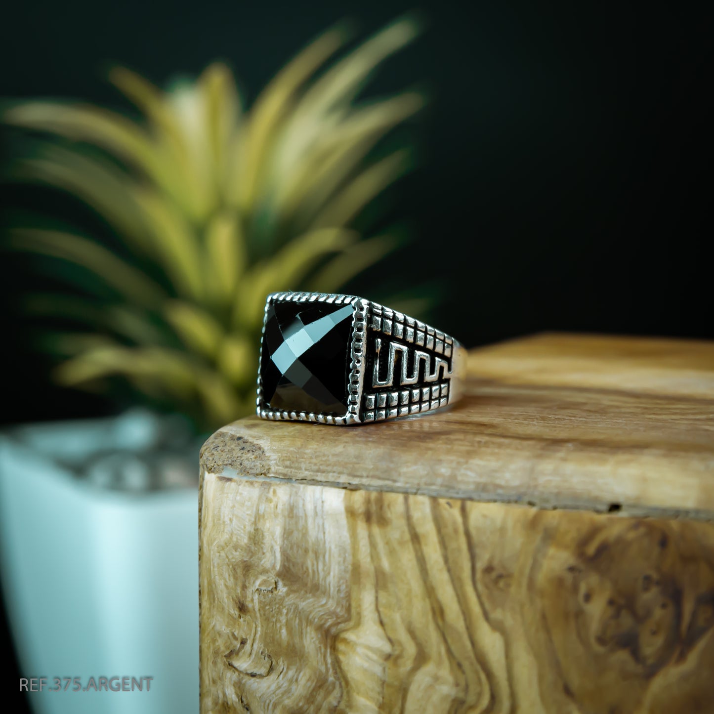 Bague Homme Argent 925 Motif ZigZag Pierre Noire