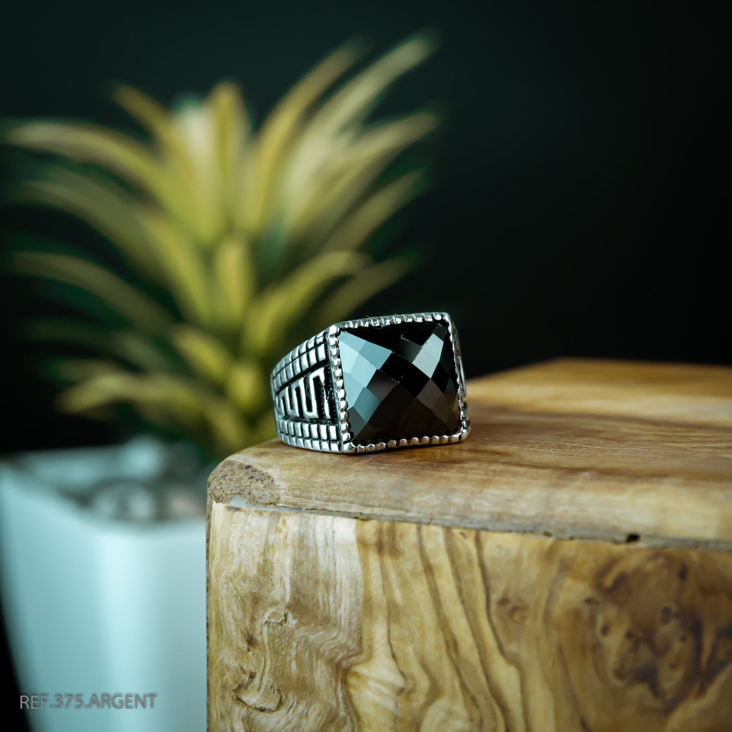 Bague Homme Argent 925 Motif ZigZag Pierre Noire