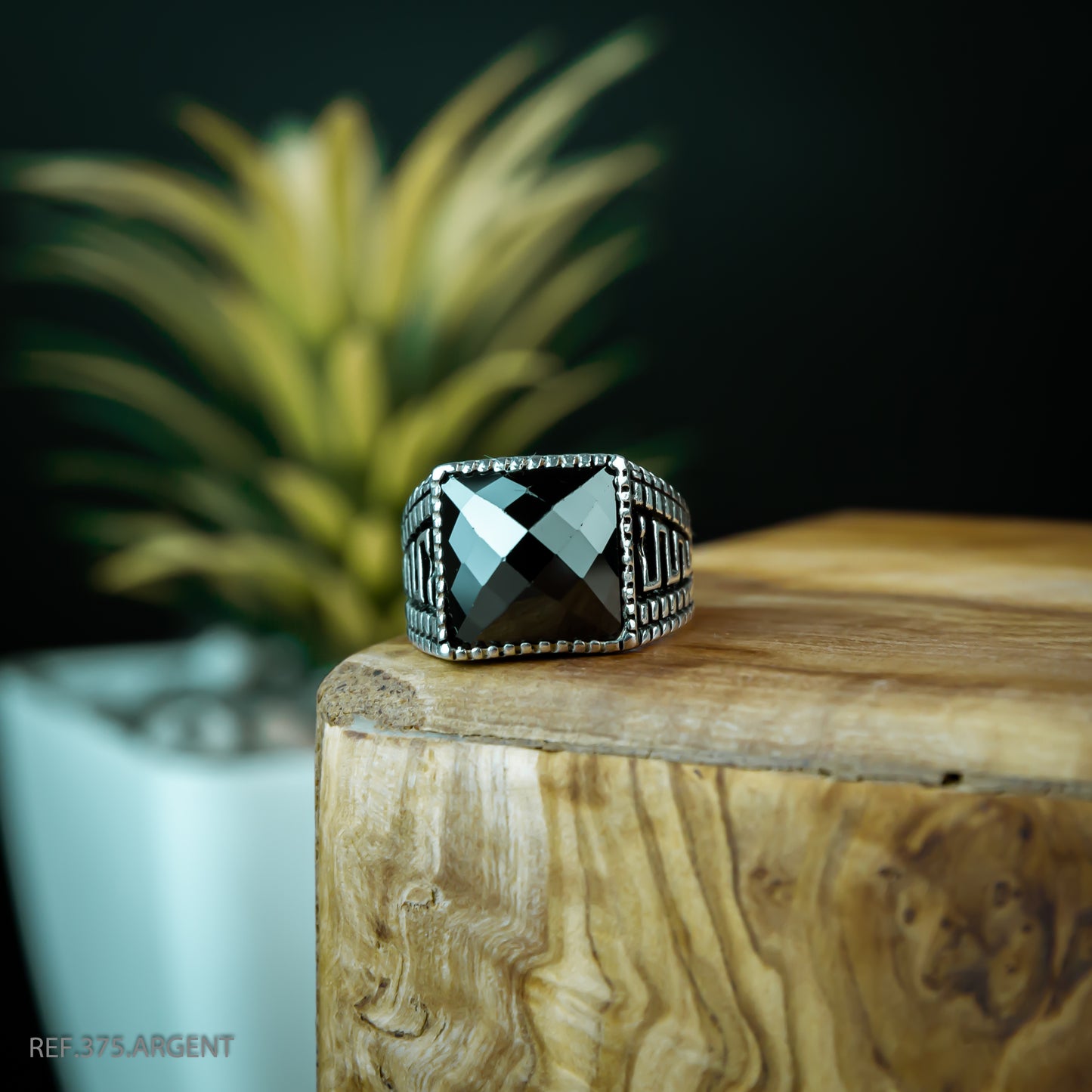 Bague Homme Argent 925 Motif ZigZag Pierre Noire