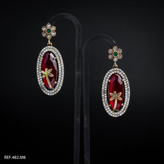 Boucles Argent Bronze Motif Larme Perlé Chevelue Avec perle Rouge