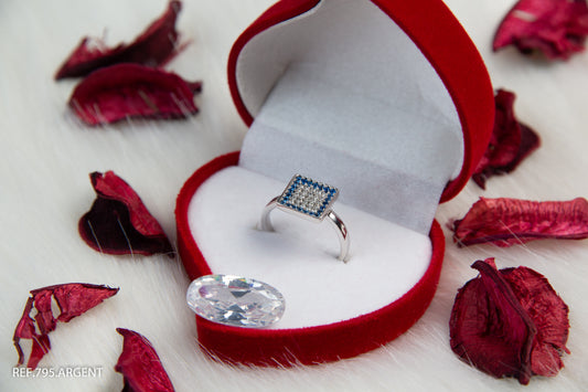 Bague Argent Thailande Motif Carré Avec Perles Blanche Et Bleus